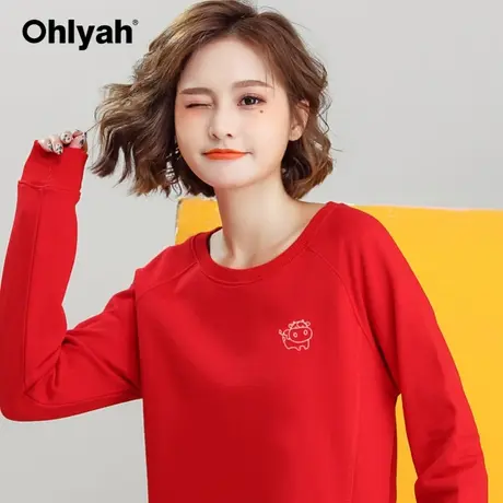Ohlyah品牌 韩版卫衣女2022牛年新年装纯棉红色圆领上衣宽松运动图片