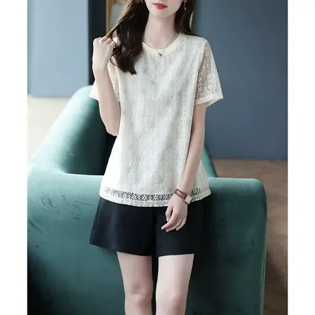 宝诗黎圆领蕾丝镂空纯色温柔T恤2023夏季新款短袖时尚休闲上衣女图片