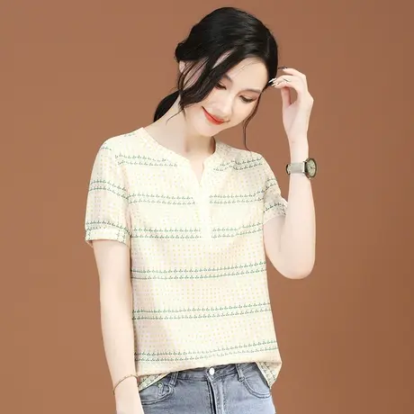 韩潮袭人V领条纹印花雪纺衬衫女2023夏装新款设计感小众短袖衬衣图片