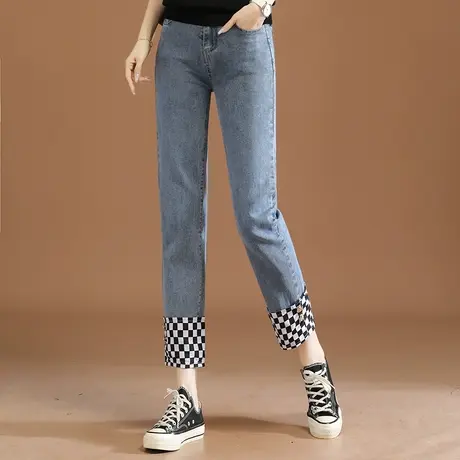 韩潮袭人高腰格子卷边直筒牛仔裤女2023秋季新款宽松烟管长裤子商品大图