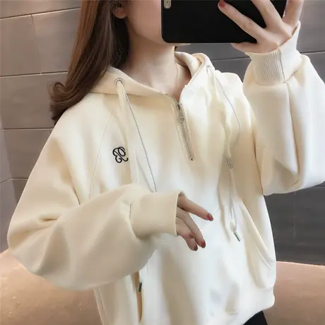 连帽卫衣拉链个性设计感女士上衣外套2023年新款加绒加厚长袖宽松商品大图