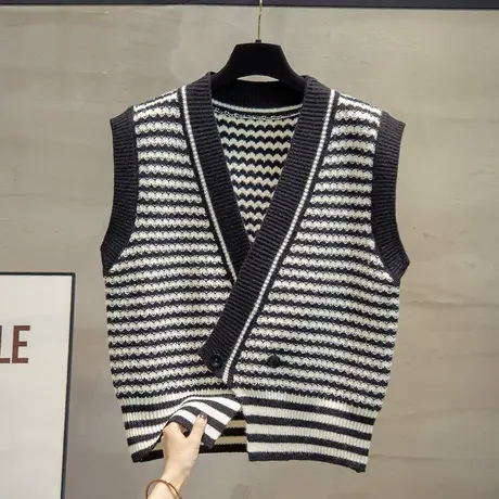 条纹针织开衫马夹背心女2023秋装新款宽松上衣外穿马夹毛衣坎肩潮图片