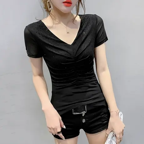女装2023新款潮性感网纱V领T恤女短袖夏时尚烫钻洋气上衣百搭小衫商品大图