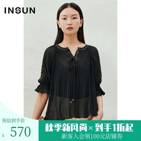 恩裳2023夏款新款领口重工钉珠绣花飘逸灵动压褶雪纺上衣图片