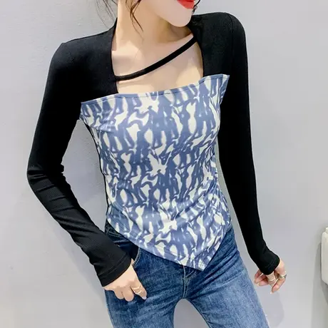 扎染印花上衣女长袖2023年新款洋气假两件打底衫春秋紧身高腰T恤图片