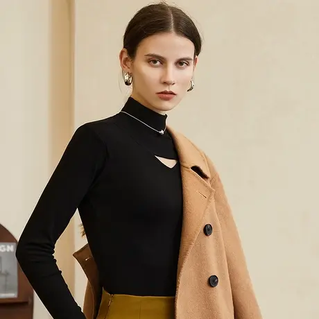 打底衫女秋冬内搭新款修身显瘦半高领上衣镂空黑色长袖T恤中领春商品大图