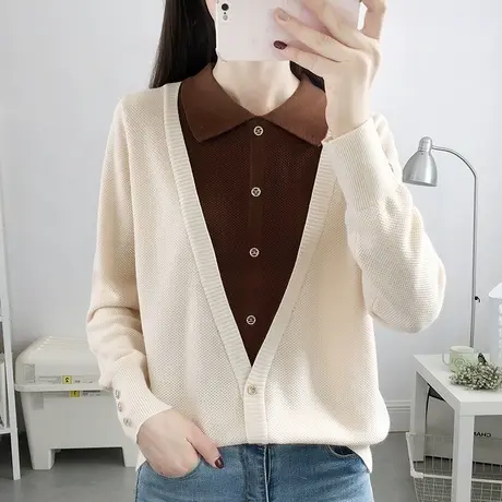 娃娃领假两件毛衣女秋装2023年新款女士针织打底衫宽松洋气上衣图片