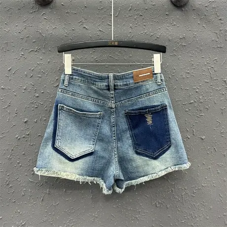 个性撞色毛边设计感牛仔短裤女2023年夏季新款显瘦高腰阔腿裤热裤商品大图
