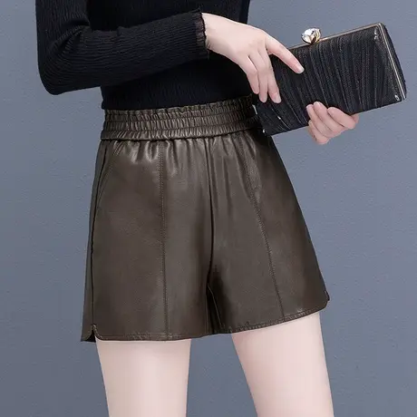 棕色皮短裤女秋季新款2023年松紧高腰时尚百搭宽松阔腿PU皮靴裤潮商品大图