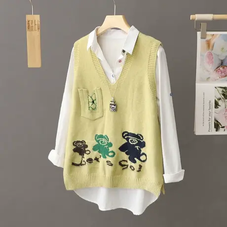 学院风刺绣 v领针织马甲背心女复古宽松外搭针织衫毛衣马夹女坎肩商品大图