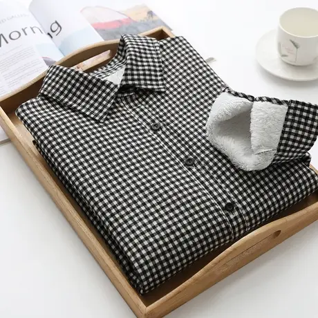 加绒加厚黑白小格子衬衫女秋冬保暖韩版文艺复古宽松百搭打底衬衣图片