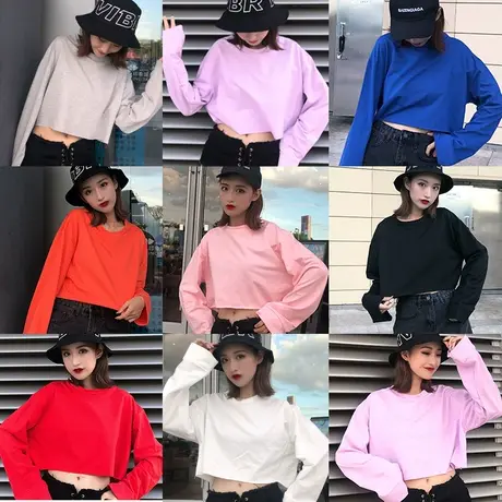 樱田川岛长袖t恤女宽松学生短款韩版怪味少女chic慵懒早秋上衣潮商品大图