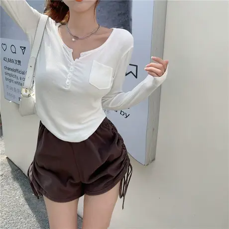 V领t恤女春秋季设计感小众修身长袖打底衫紧身内搭纯欲辣妹上衣服商品大图