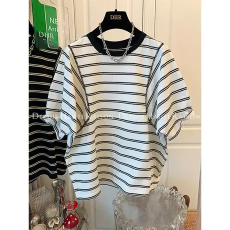 编织条纹圆领短袖T恤独特小众上衣超好看减龄女宽松休闲夏季新款图片