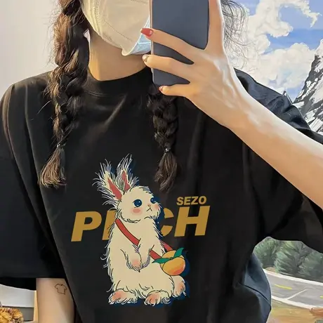 复古港风黑色显瘦t恤女2023夏季新款仿棉小众圆领短袖chic上衣潮商品大图