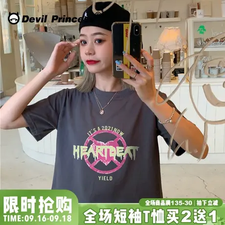 复古深灰色做旧短袖t恤女夏季薄款韩版显瘦ins印花露脐短款上衣潮商品大图