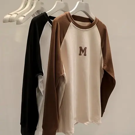 纯棉插肩袖T恤女初秋百搭洋气减龄宽松显瘦长袖上衣打底衫ins潮牌图片