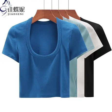 春季新韩版纯棉圆领修身短款纯欲坑条纹短袖体恤上衣内搭女打底衫图片