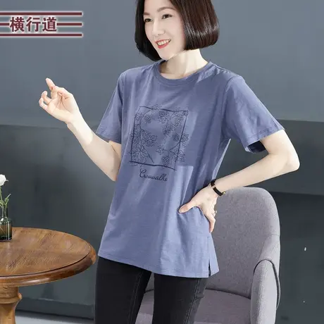 圆领印花中长款短袖2023新款夏装纯色宽松简约开叉白色半袖T恤女商品大图