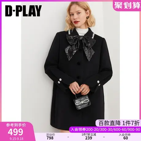 DPLAY秋装新新款复古简约黑色小翻领大蝴蝶结宽松羊毛呢大衣图片