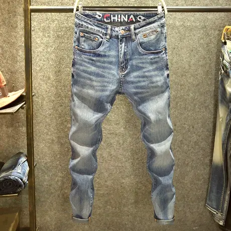 高端潮牌复古蓝牛仔裤男修身小脚长裤高街春季直筒弹力耐磨男裤子商品大图