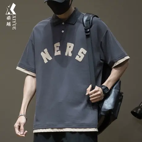 美式复古假两件男生Polo衫短袖男夏季胖子宽松大码休闲百搭衣服潮商品大图