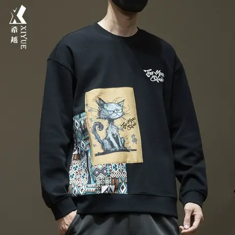 希越圆领趣味印花长袖卫衣男秋季宽松大码350g重磅高级感拼接上衣商品大图