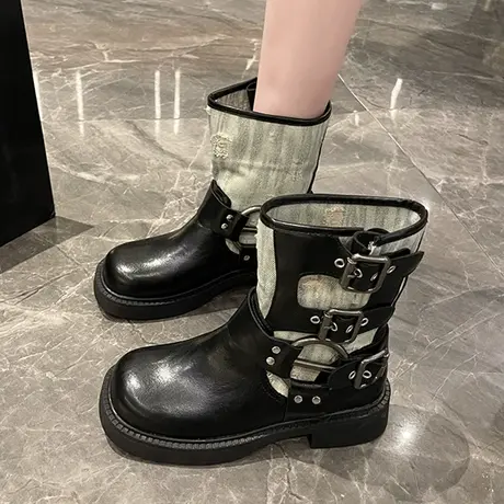 短靴女2023新款粗跟英伦风单扣套脚马丁靴西部靴复古骑士牛仔靴潮图片