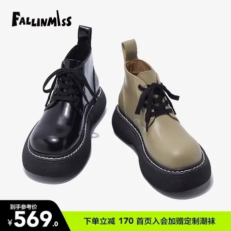 非谜头层牛皮马丁靴女2023早春新款ins英伦风厚底黑色系带短靴图片