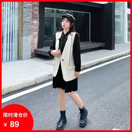 显瘦胖MM大码两件套秋季新款气质时尚小黑裙休闲宽松加肥加大马夹商品大图