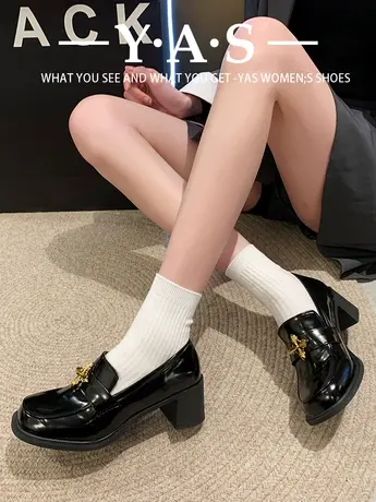厚底乐福鞋女2024年新款秋冬季复古一脚蹬英伦学院风JK粗跟小皮鞋商品大图