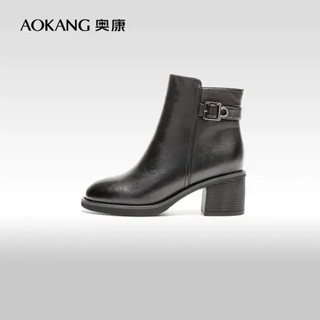 【门店发货】奥康女鞋 冬季新款粗跟保暖女棉鞋百搭小短靴图片