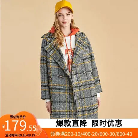 艾格冬季女装韩版羊毛百搭休闲个性潮搭舒适格子中长款大衣Y525图片