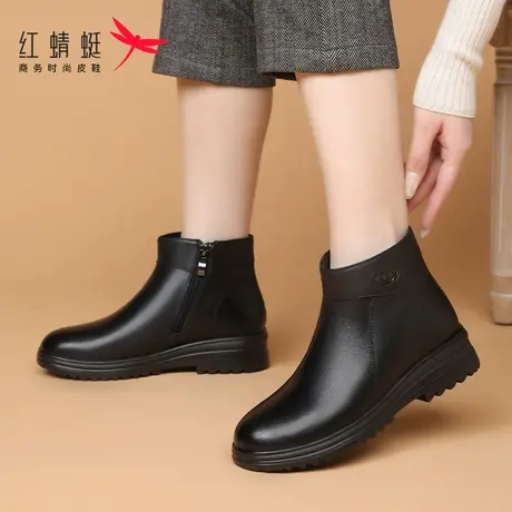 红蜻蜓冬季女鞋平底靴子女2023新款短靴中筒棉靴真皮加绒保暖妈妈图片