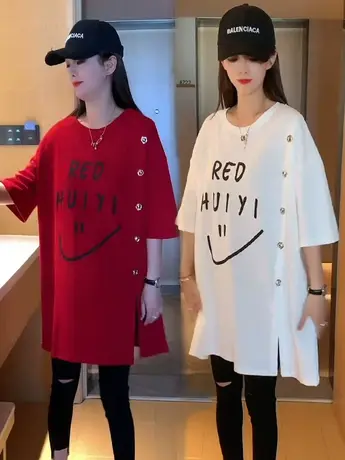 爆款字母笑脸纽扣圆领短袖t恤女2023夏季新款宽松时尚半袖T恤上衣商品大图