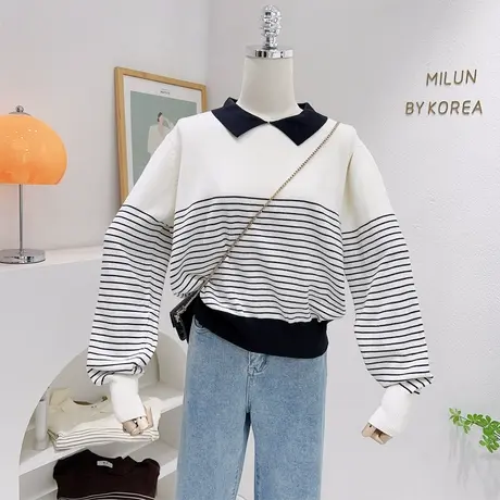 法式复古娃娃领毛衣2022秋冬款甜美条纹针织衫高腰小众短款长袖女图片