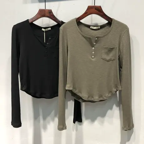 2023秋装 韩国新款纯色假纽扣小口袋修身短款长袖T恤打底衫上衣女商品大图