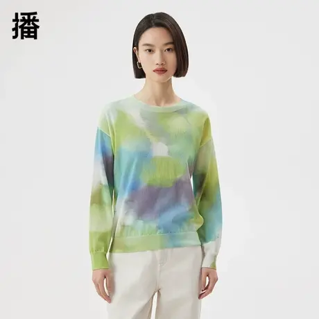 播针织衫女2023秋季新款满版涂鸦罗纹下摆圆领长袖宽松针织外套图片
