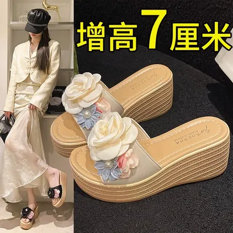 坡跟凉拖鞋小个子松糕厚底外穿花朵拖鞋女配裙子小香风一字凉拖鞋商品大图