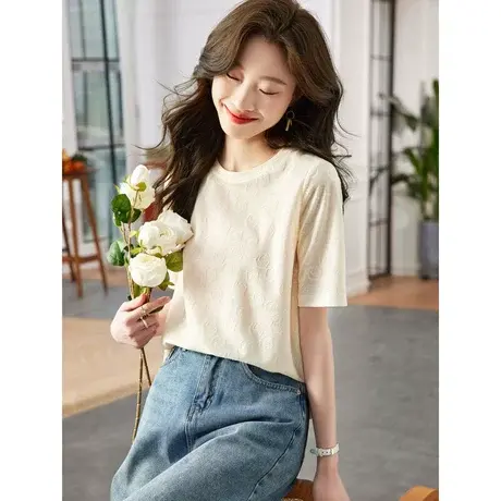时尚气质淑女短袖T恤2023年夏季新款温柔甜美宽松显瘦通勤上衣图片
