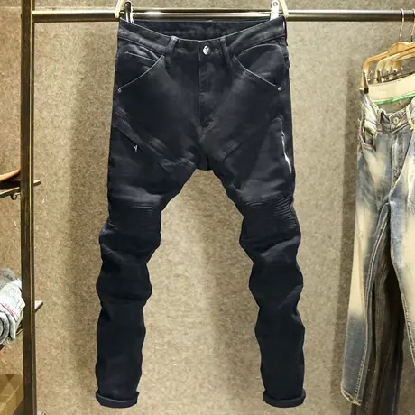 潮牌ins高街机车牛仔裤男款黑色修身弹力小脚裤子男秋季百搭长裤商品大图