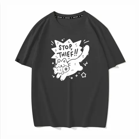 站住小偷猫偷鱼纯棉宽松圆领夏季短袖T恤男女cos服情侣装衣服半袖商品大图