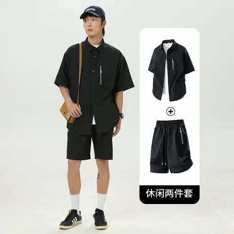 木林森美式复古痞帅短袖衬衫套装男款夏季宽松运动短裤休闲两件套商品大图