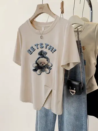 短袖女t恤夏大码胖mm显瘦闺蜜装高级感开叉下摆潮ins温柔减龄上衣图片