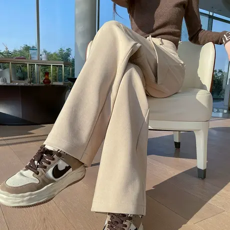 杏色毛呢阔腿裤女秋冬2023新款高腰宽松垂感加厚直筒休闲工装裤子图片