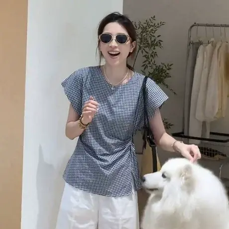 法式小飞袖蓝色格子短袖衬衫女夏季设计感小众衬衣高级感收腰上衣图片