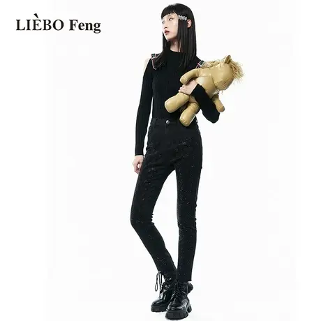 裂帛LIEBOFeng设计师品牌简约修身ins棋盘格烫钻烟管牛仔九分裤女图片