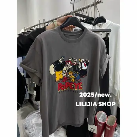 韩国东大门春季新款减龄卡通印花垫肩短袖T恤女宽松百搭休闲上衣商品大图