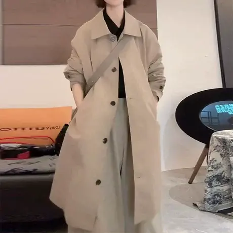 慵懒风休闲设计感翻领长袖外套女士2025秋季新款时尚简约薄款风衣商品大图