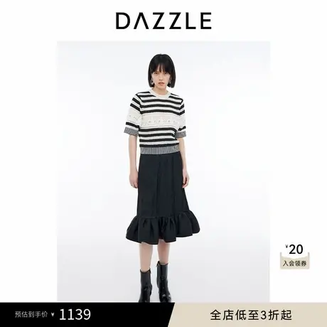 DAZZLE地素奥莱 针织T恤春夏女装复古小鸟条纹拼接短袖商品大图
